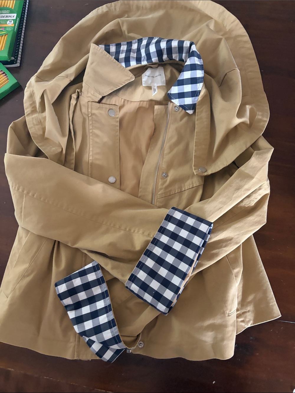 Avec Les Filles Tan Trench Coat with Navy-and-White Check Trim